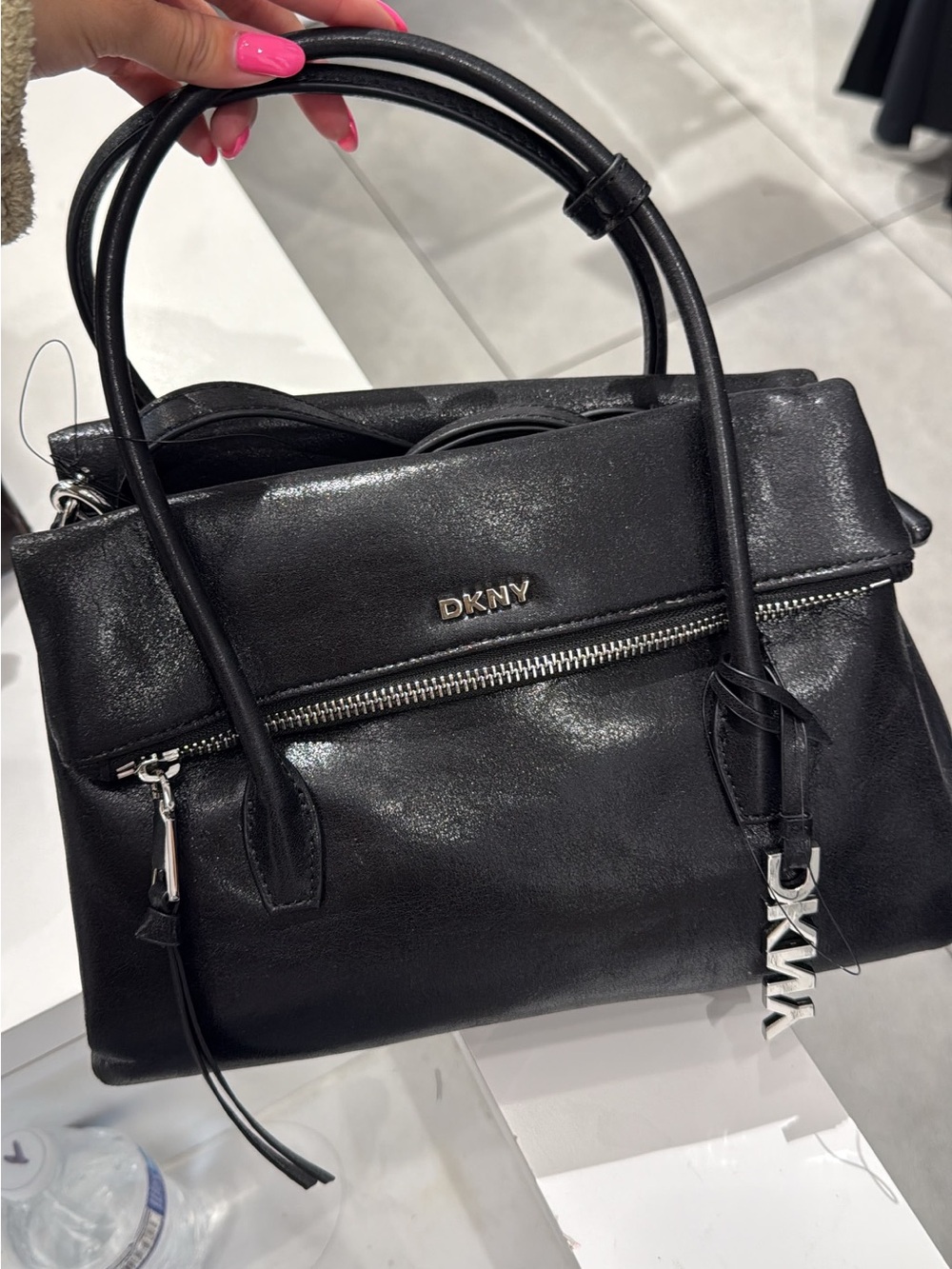 DKNY Black Leather Satchel with Silver Logo Charm